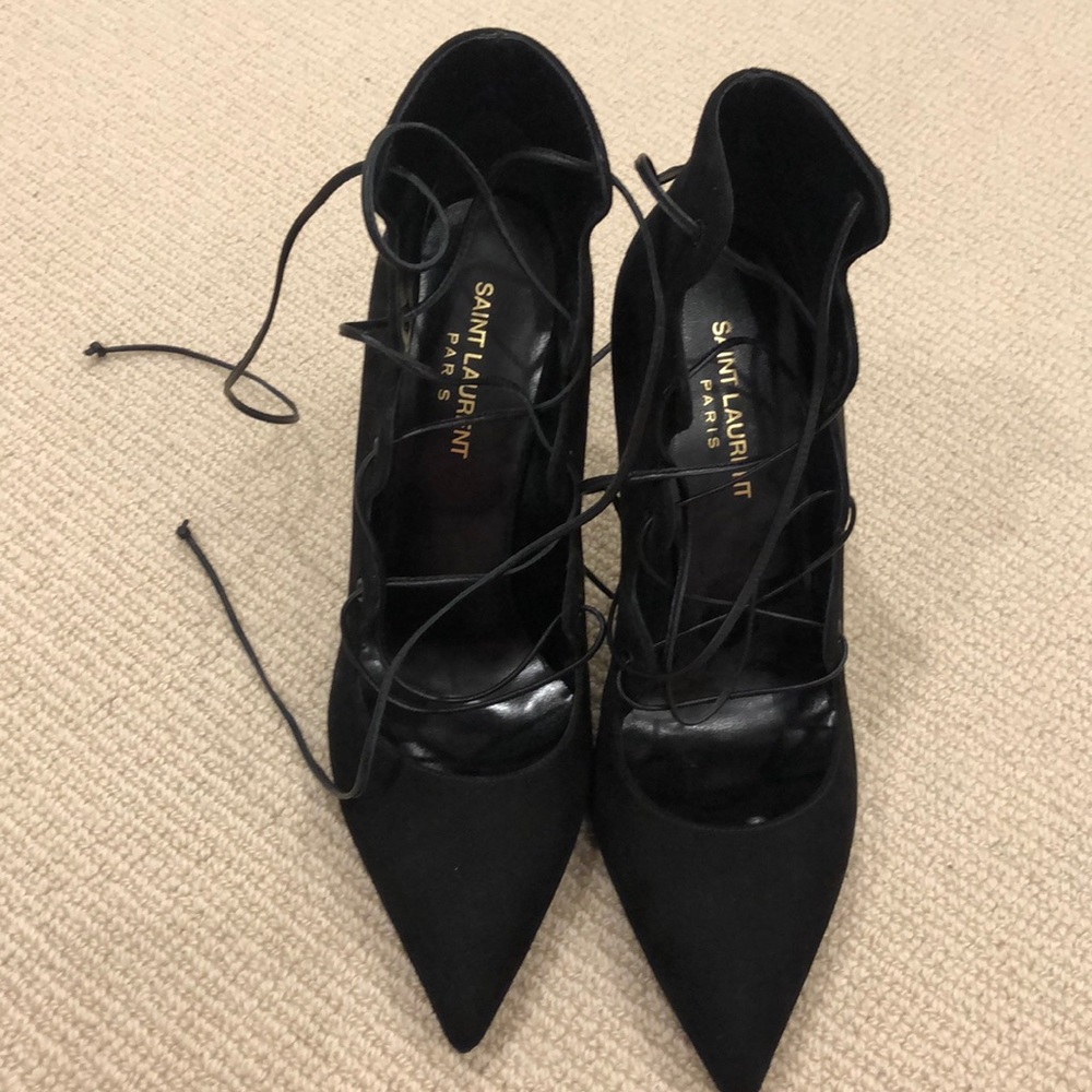 Saint Laurent black suede lace up heels - Picture 1 of 7